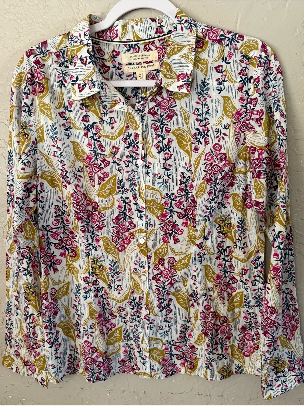 Women’s Floral Button-Down Shirt — White with Pink & Mustard Print